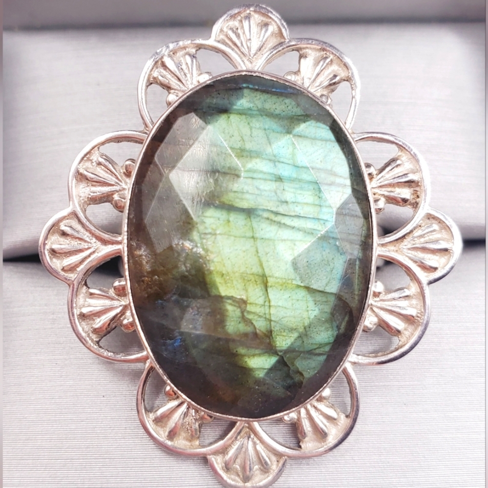 925 Sterling Silver Ring Blue Green Labradorite Ring Statement Ring Faceted Ring